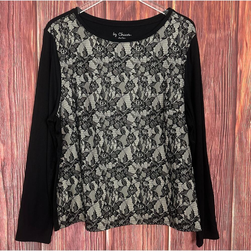 Chicos Black Lace Overlay Long Sleeve Top Stretch Womens Size 3 (XL)